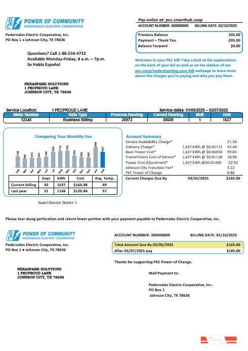 USA Texas Power of Community electricity business utility bill in Word and PDF formats, good for address prove
